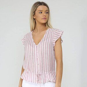 Rails Bretton V Neck Ruffle Short Sleeve Tie Waist Peplum Hem Front‎ Button Top